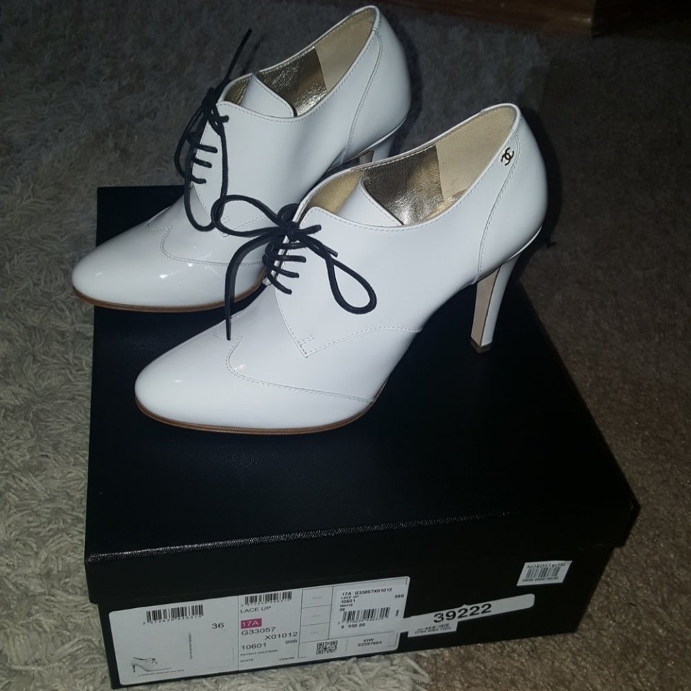Chanel lace up white heels